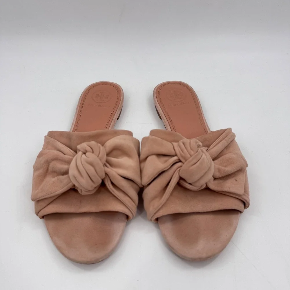 Tory Burch Annabelle Bow Suede Slide Sandals Blush Nude Size 6.5 Leather Sole